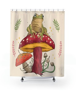 Goblincore Frog Shower Curtain With Sitting On Mushroom And Cottegecore Design For Bathroom And Decor