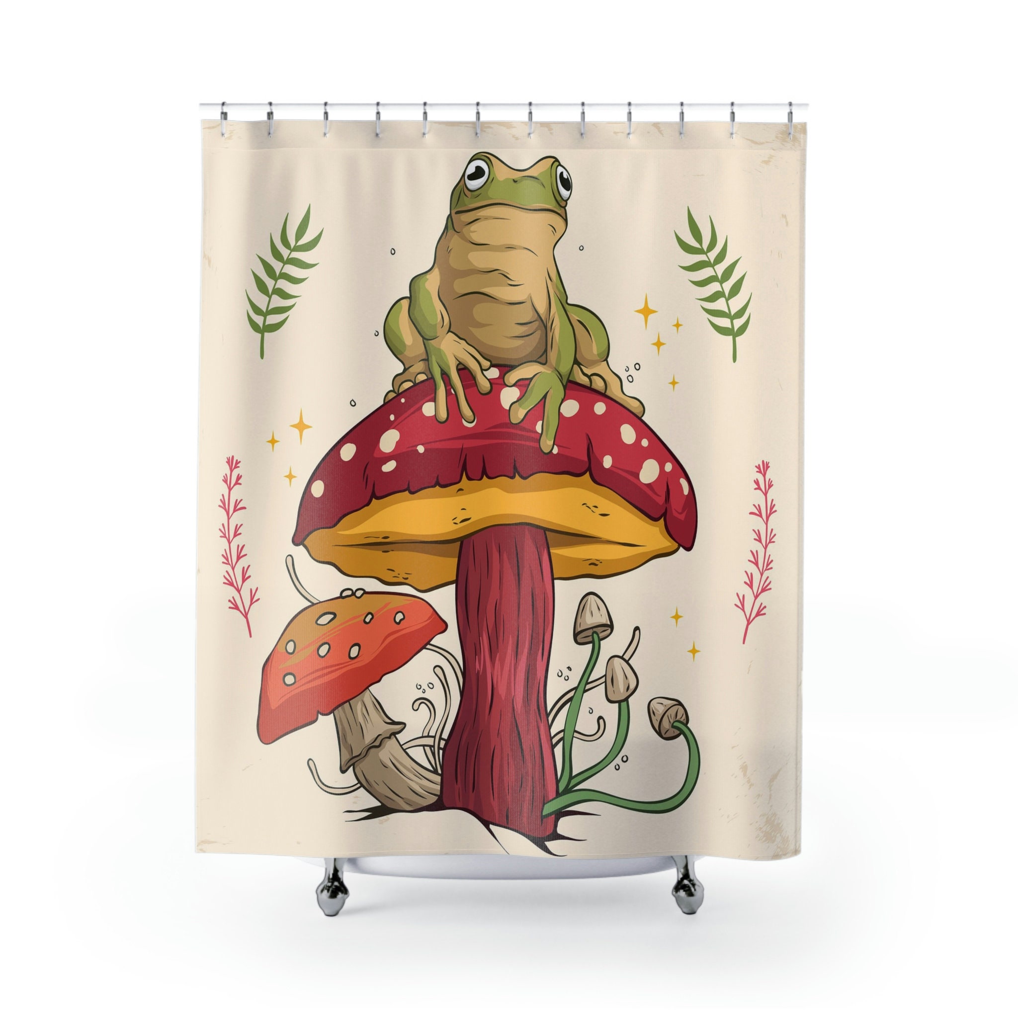 Goblincore Frog Shower Curtain With Sitting On Mushroom And Cottegecore Design For Bathroom And Decor