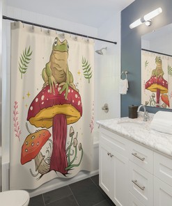 Goblincore Frog Shower Curtain With Sitting On Mushroom And Cottegecore Design For Bathroom And Decor