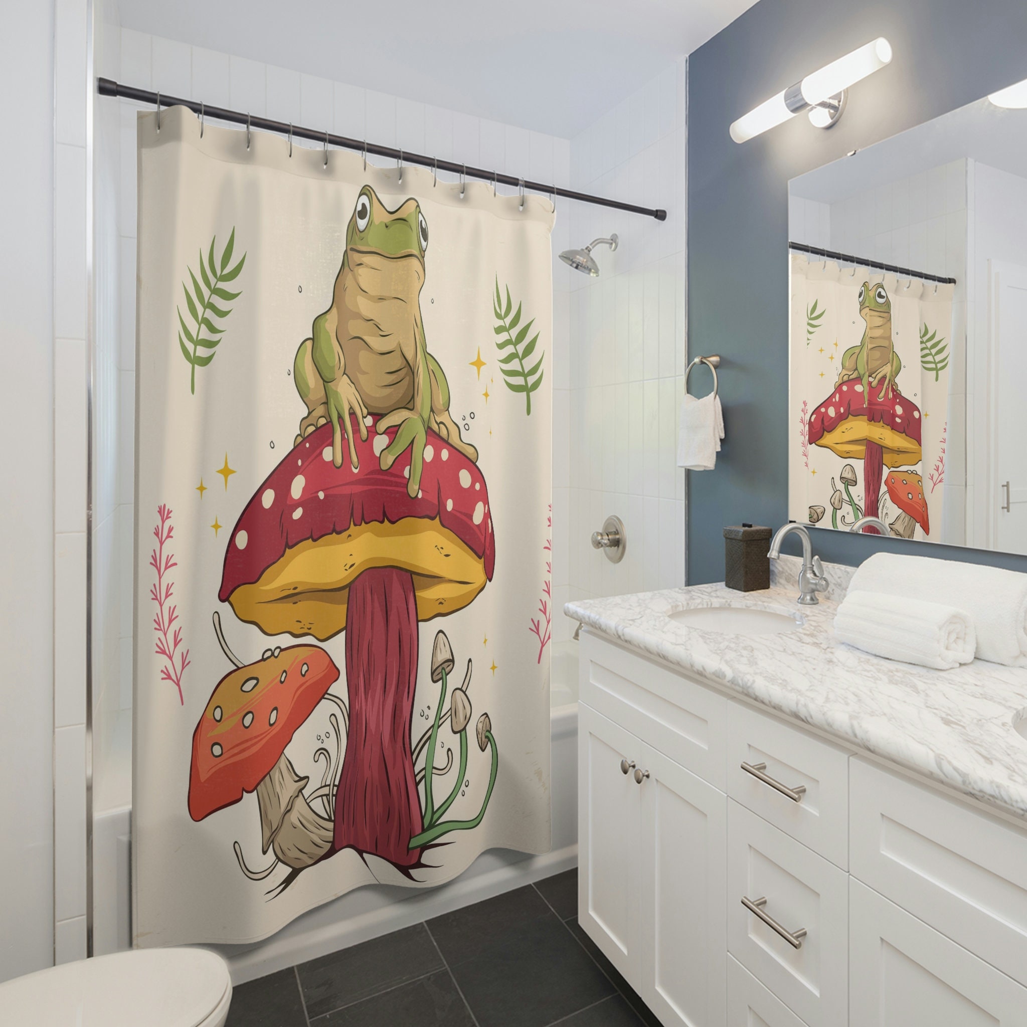 Goblincore Frog Shower Curtain With Sitting On Mushroom And Cottegecore Design For Bathroom And Decor