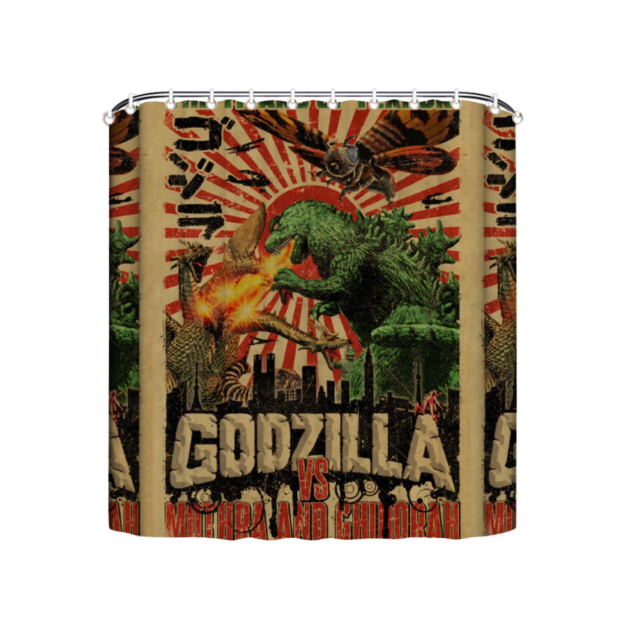 Godzilla Versus Mothra And Gildorah Shower Curtain, For Fans Of Godzilla And Mothra