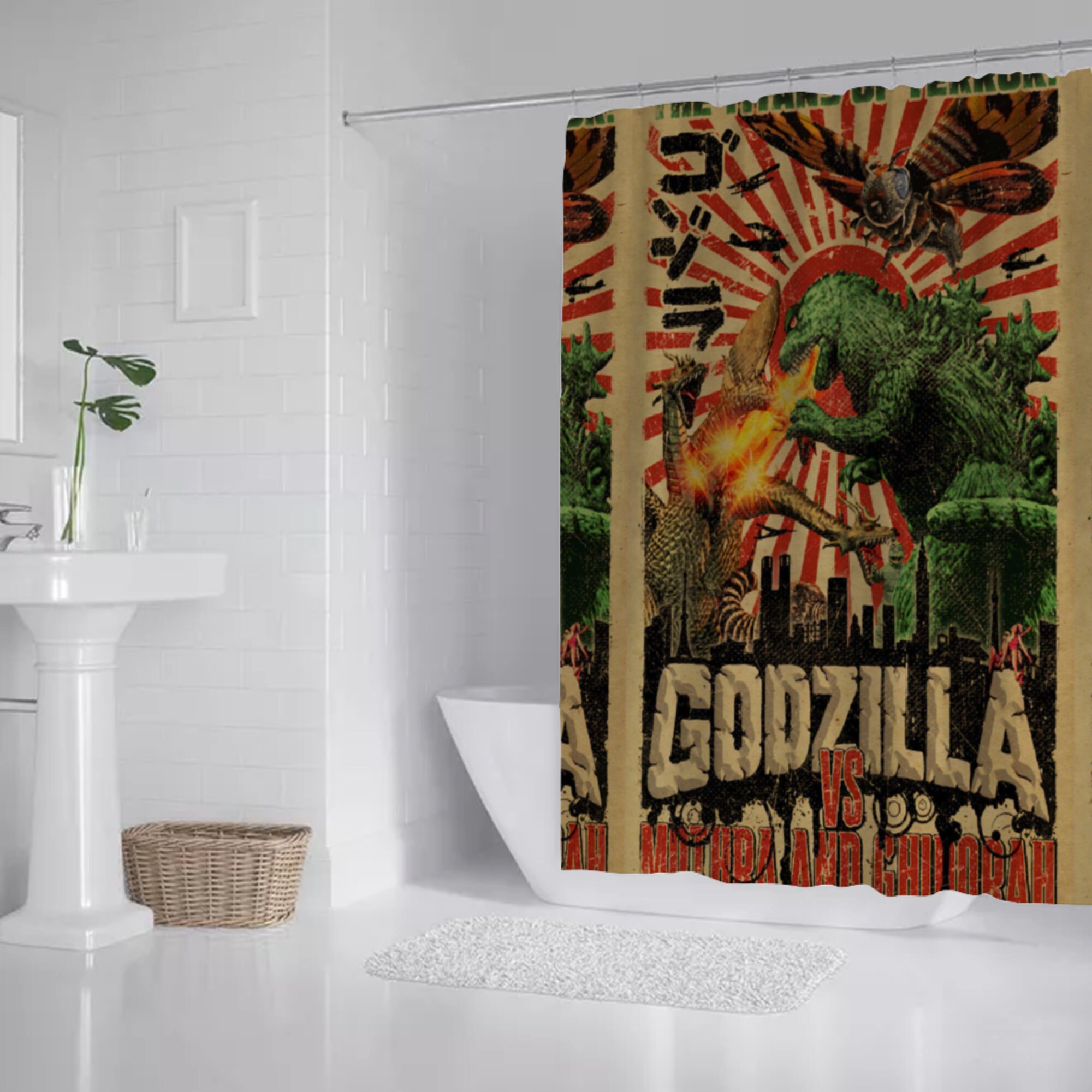 Godzilla Versus Mothra And Gildorah Shower Curtain, For Fans Of Godzilla And Mothra