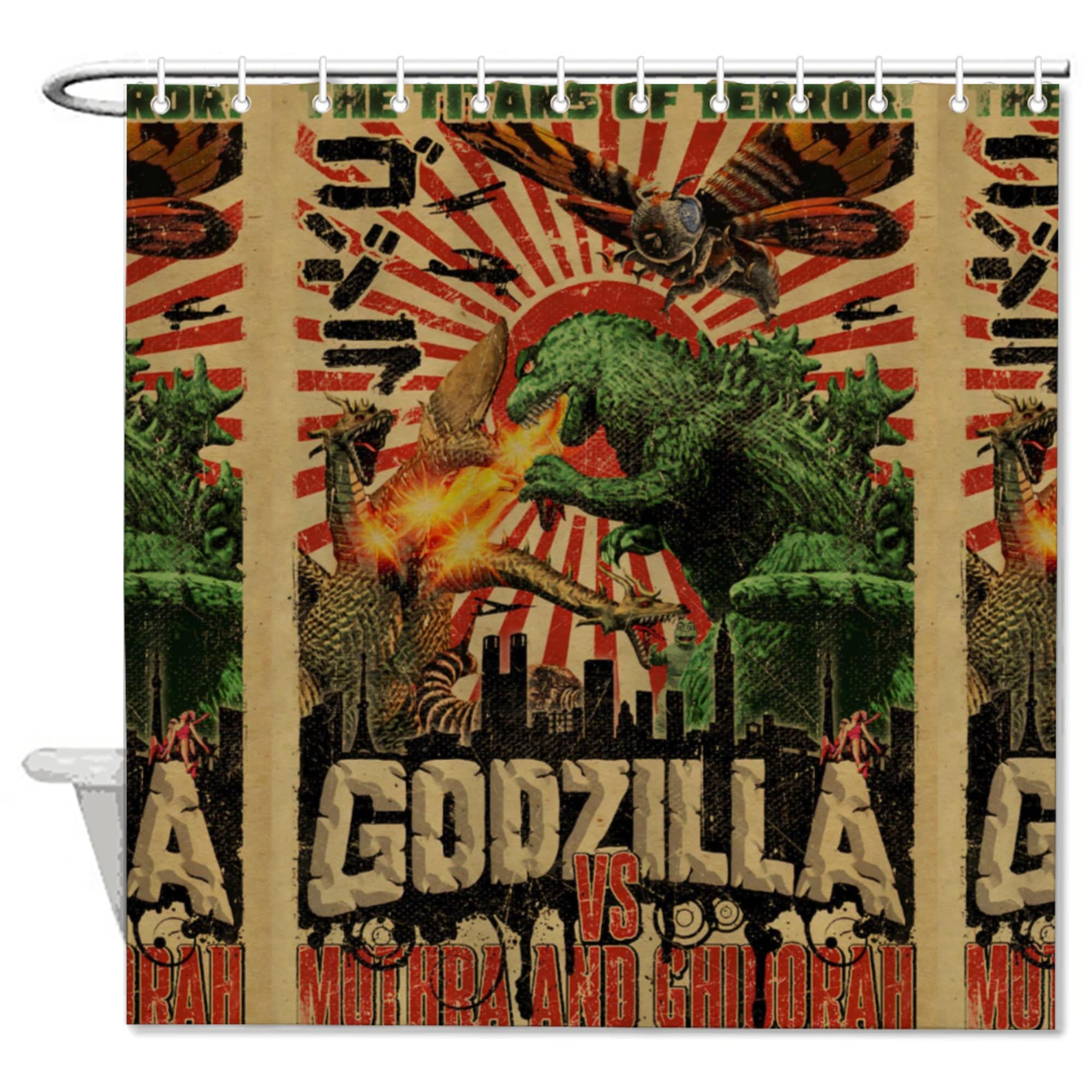 Godzilla Versus Mothra And Gildorah Shower Curtain, For Fans Of Godzilla And Mothra