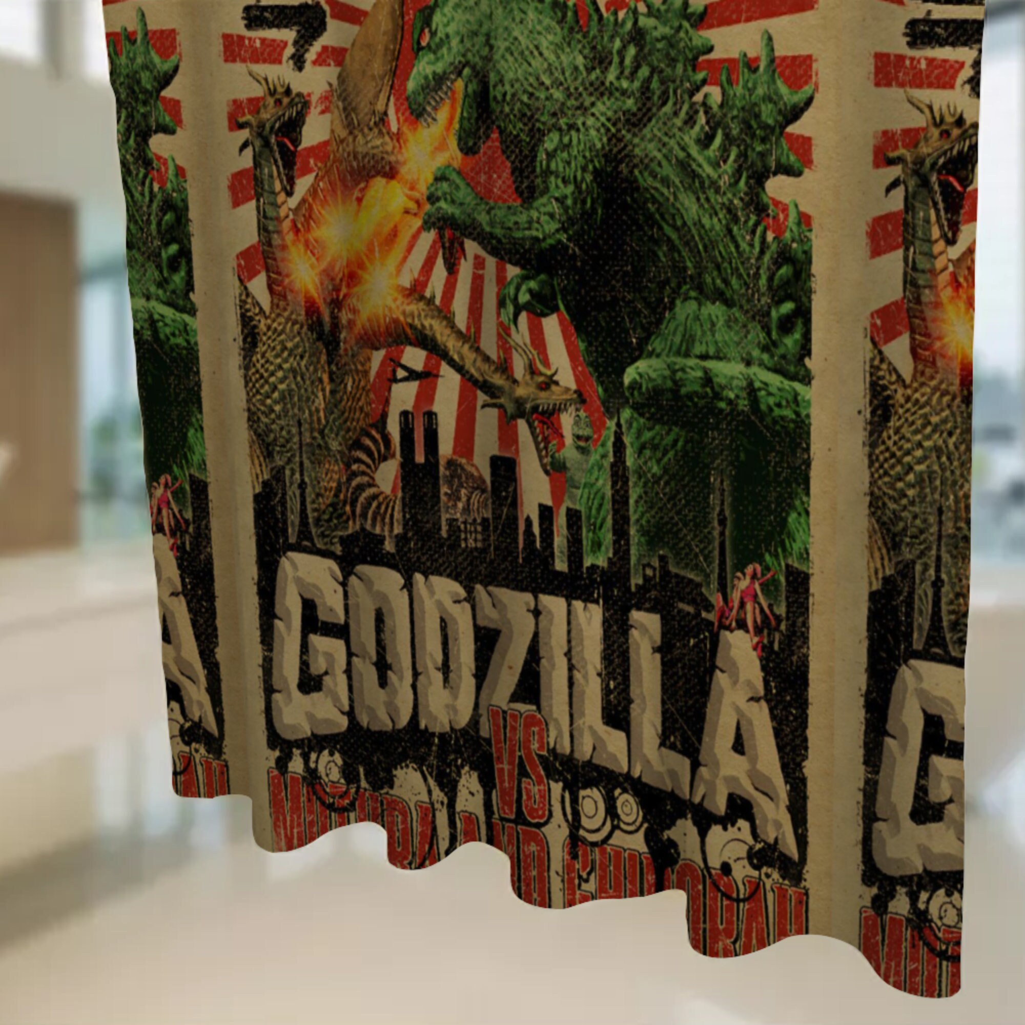 Godzilla Versus Mothra And Gildorah Shower Curtain, For Fans Of Godzilla And Mothra