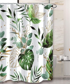 Gold And Green Tropical Leaves Shower Curtain With Fresh Eucalyptus Prints For Your Bathroom 