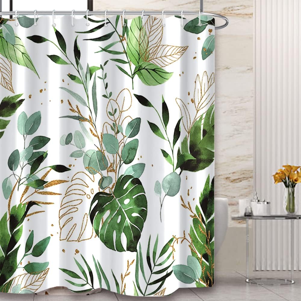 Gold And Green Tropical Leaves Shower Curtain With Fresh Eucalyptus Prints For Your Bathroom