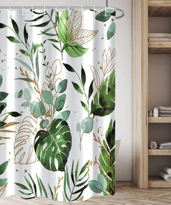 Gold And Green Tropical Leaves Shower Curtain With Fresh Eucalyptus Prints For Your Bathroom
