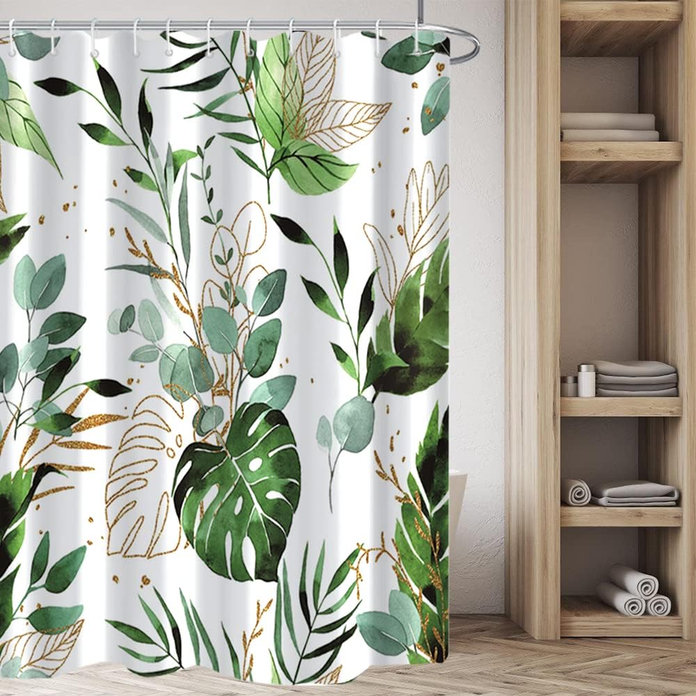 Gold And Green Tropical Leaves Shower Curtain With Fresh Eucalyptus Prints For Your Bathroom