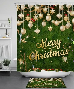 Gold Ball And Star Decor Shower Curtain With A Christmas Tree Theme