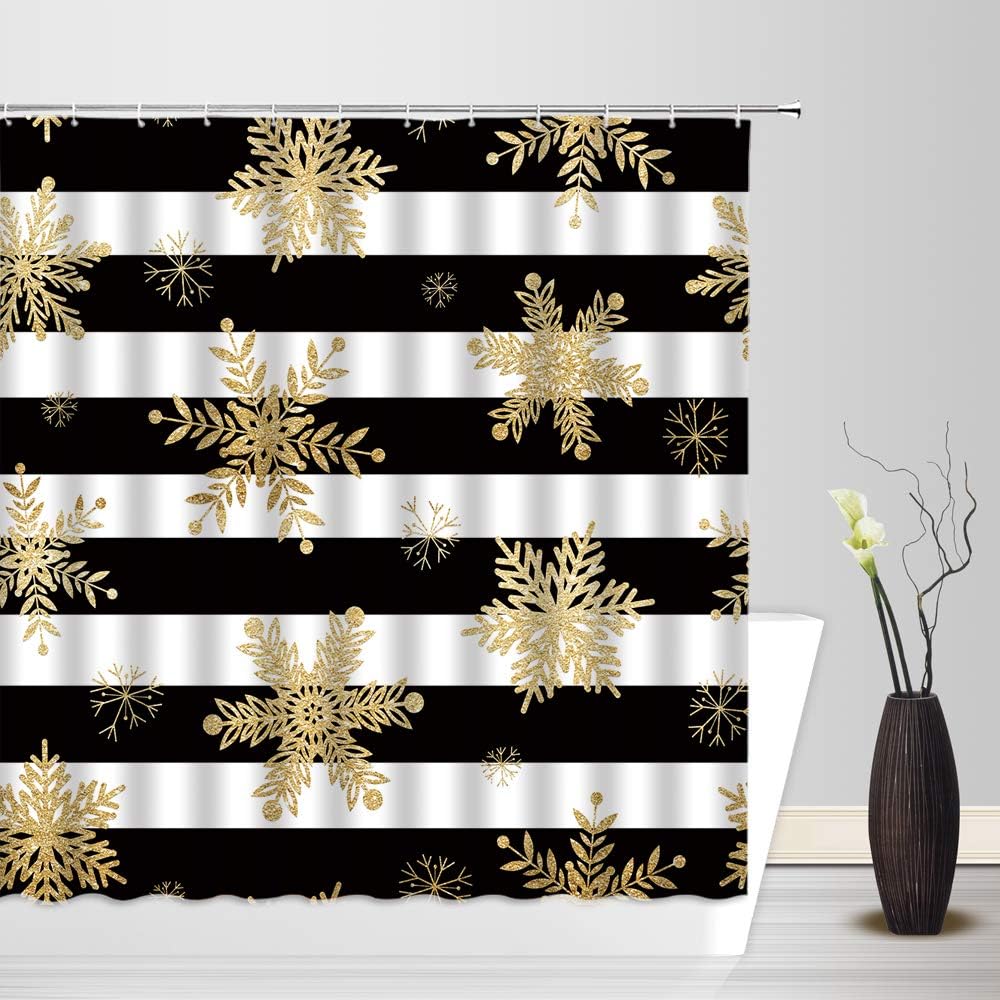 Gold Black White Snowflake Shower Curtain