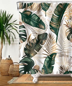 Gold Botanical Palm Leaf Design Shower Curtain For A Luxurious Tropical Bathroom Decor