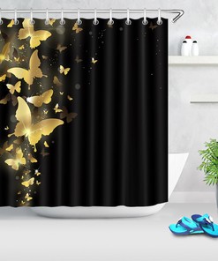 Gold Butterfly Black Background Unique Shower Curtain for a Bold Look