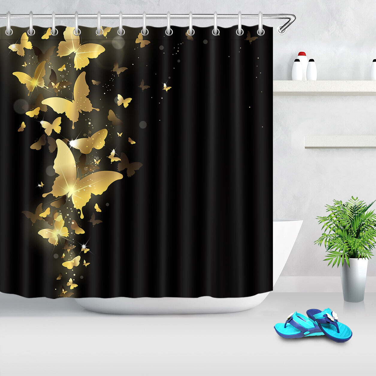 Gold Butterfly Black Background Unique Shower Curtain for a Bold Look
