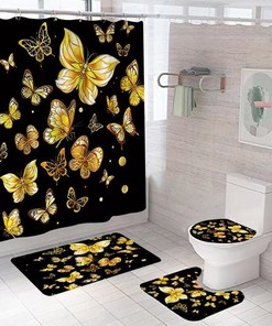 Gold Butterfly Print Shower Curtain, Nature-Inspired Bathroom Decor With Art Deco Touch