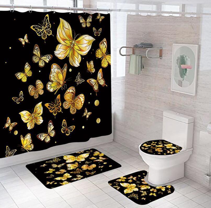 Gold Butterfly Print Shower Curtain, Nature-Inspired Bathroom Decor With Art Deco Touch