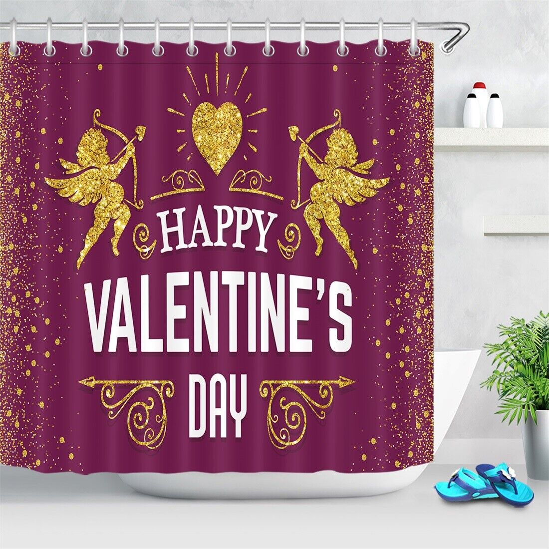 Gold Cupid Angels Stars Heart Shower Curtain for Bathroom Decor