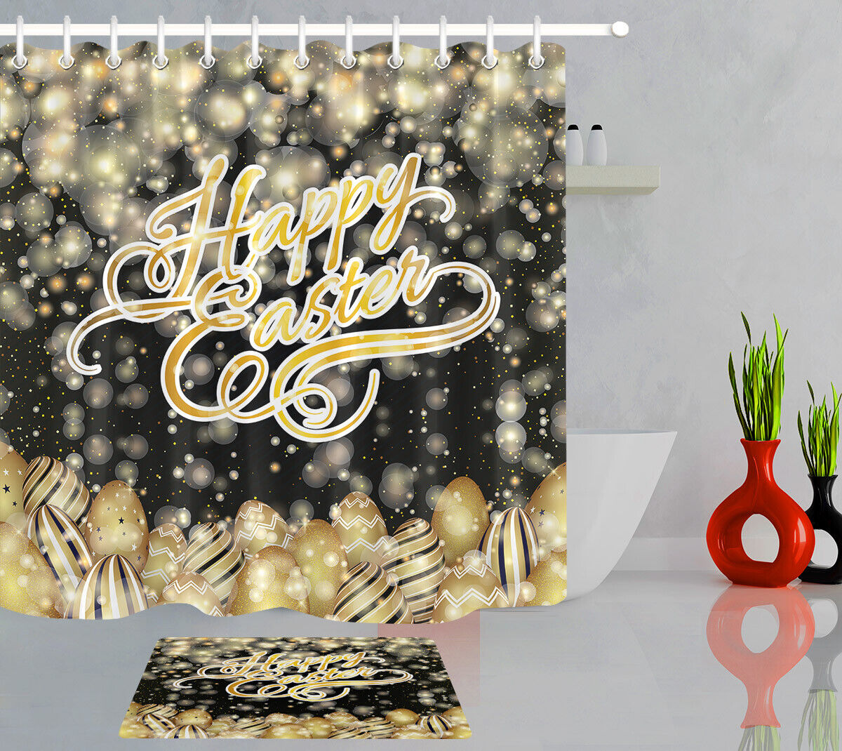 Gold Egg Light Spots Black Fabric Shower Curtain For Easter Bathroom Decor
