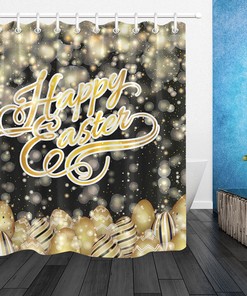 Gold Egg Light Spots Black Fabric Shower Curtain For Easter Bathroom Decor