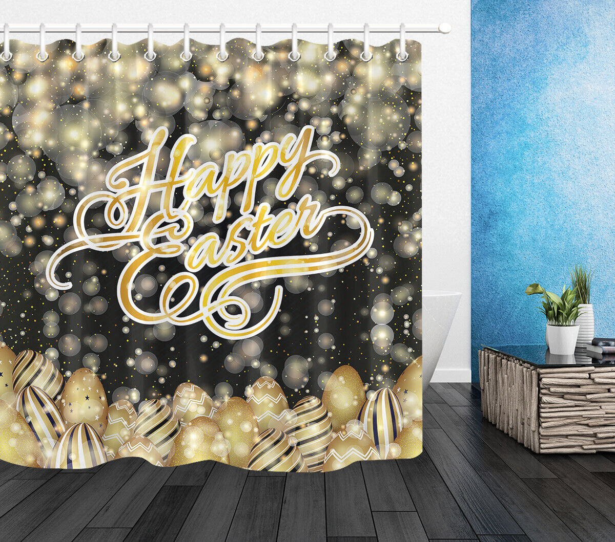 Gold Egg Light Spots Black Fabric Shower Curtain For Easter Bathroom Decor