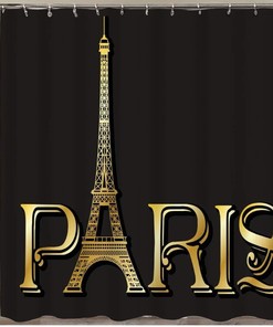 Gold Eiffel Tower Inscription Paris Drawn France Black Vintage Lettering - Vintage Bathroom Shower Curtain Sets