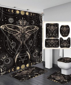 Gold Glitter Sun and Moon Phase Starry Sky Celestial Shower Curtain for Boho Bathroom Décor
