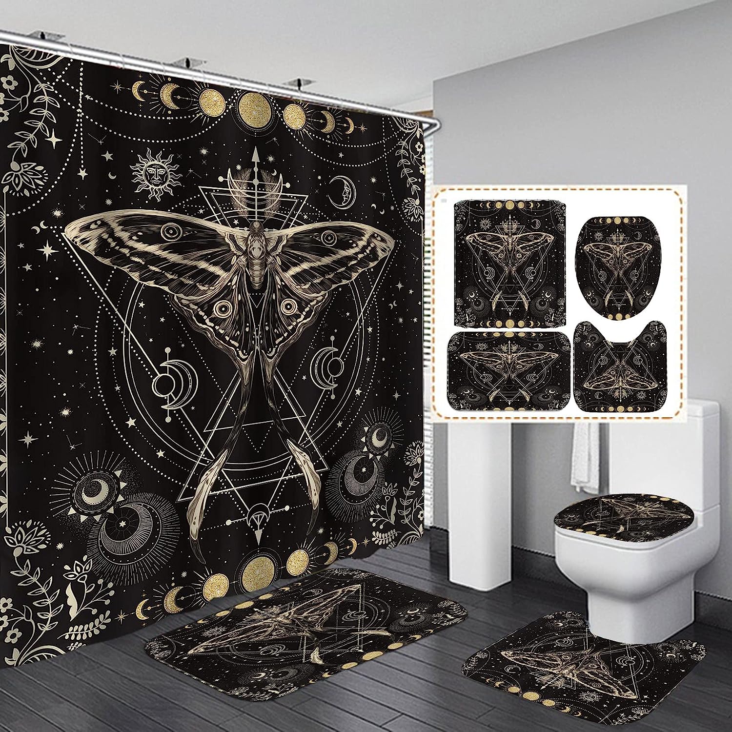 Gold Glitter Sun and Moon Phase Starry Sky Celestial Shower Curtain for Boho Bathroom Décor