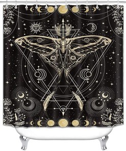 Gold Glitter Sun and Moon Phase Starry Sky Celestial Shower Curtain for Boho Bathroom Décor