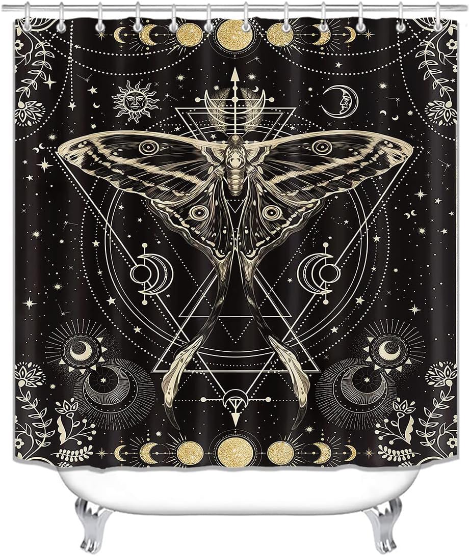 Gold Glitter Sun and Moon Phase Starry Sky Celestial Shower Curtain for Boho Bathroom Décor