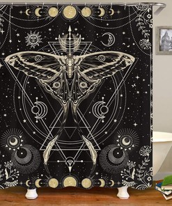 Gold Glitter Sun and Moon Phase Starry Sky Celestial Shower Curtain for Boho Bathroom Décor