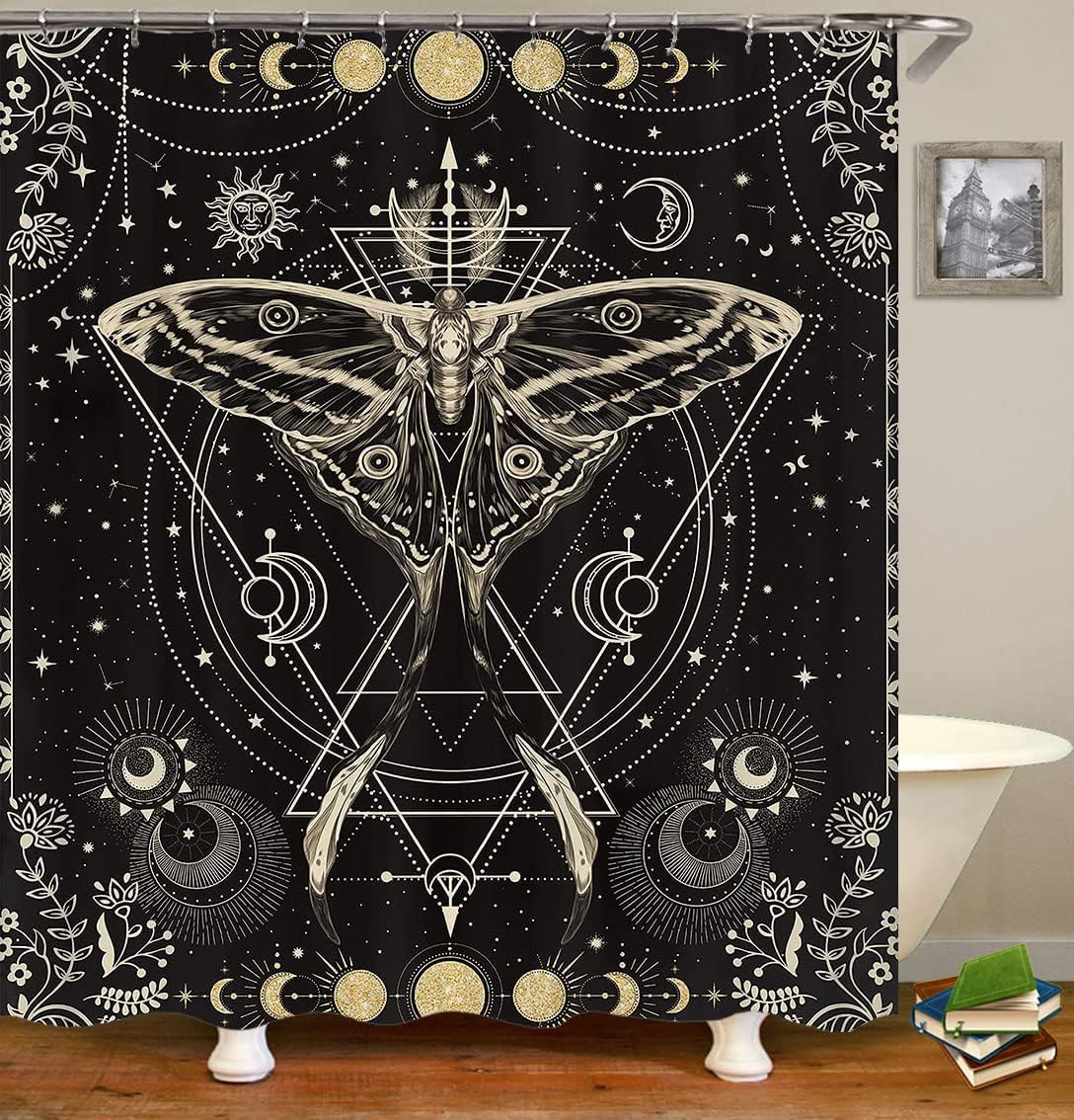 Gold Glitter Sun and Moon Phase Starry Sky Celestial Shower Curtain for Boho Bathroom Décor