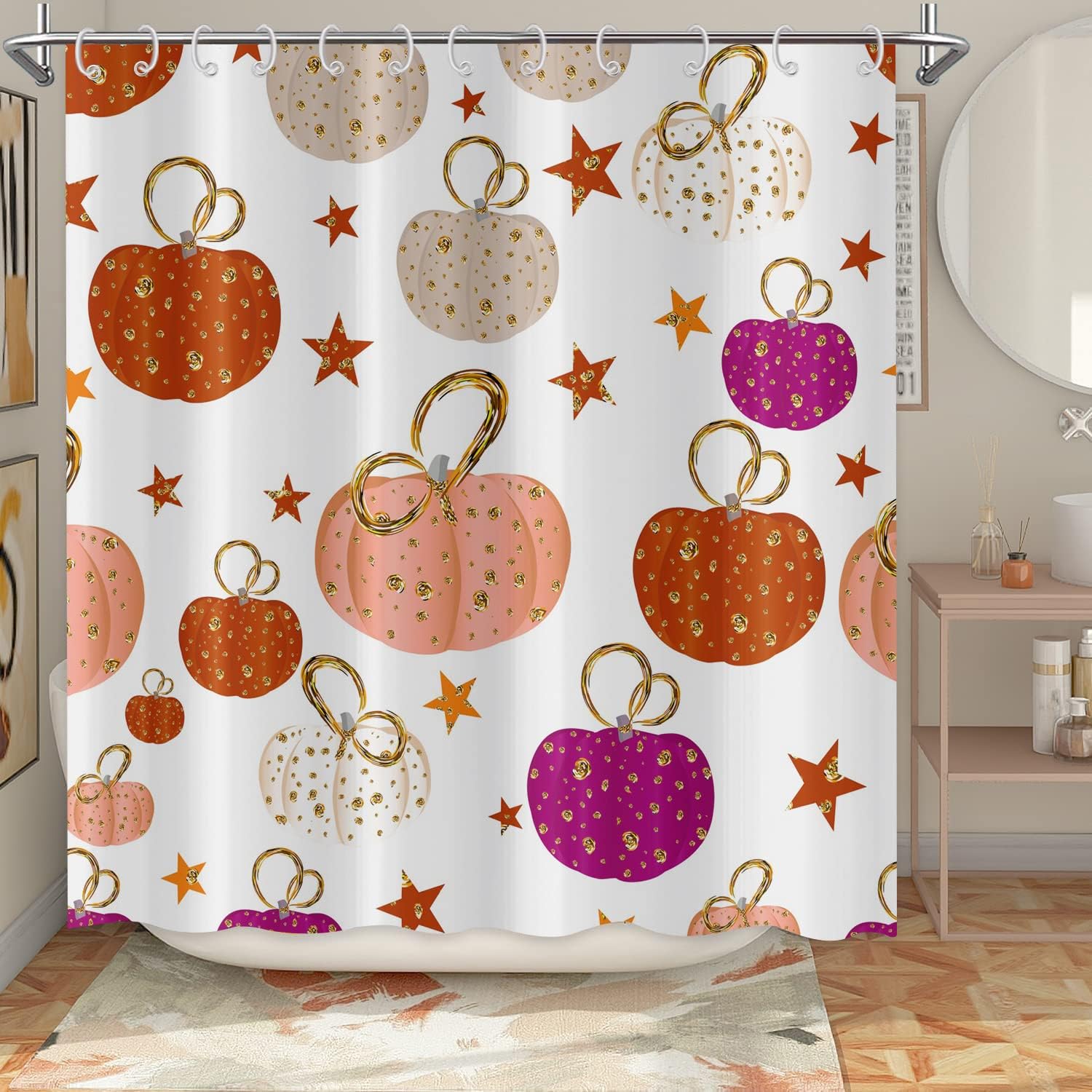 Gold Harvest Shower Curtain - Autumn Pumpkin Shower Curtain - Image 2