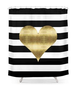 Gold Heart And Black Stripe Pattern Shower Curtain, Perfect For Modern Bathroom Decor