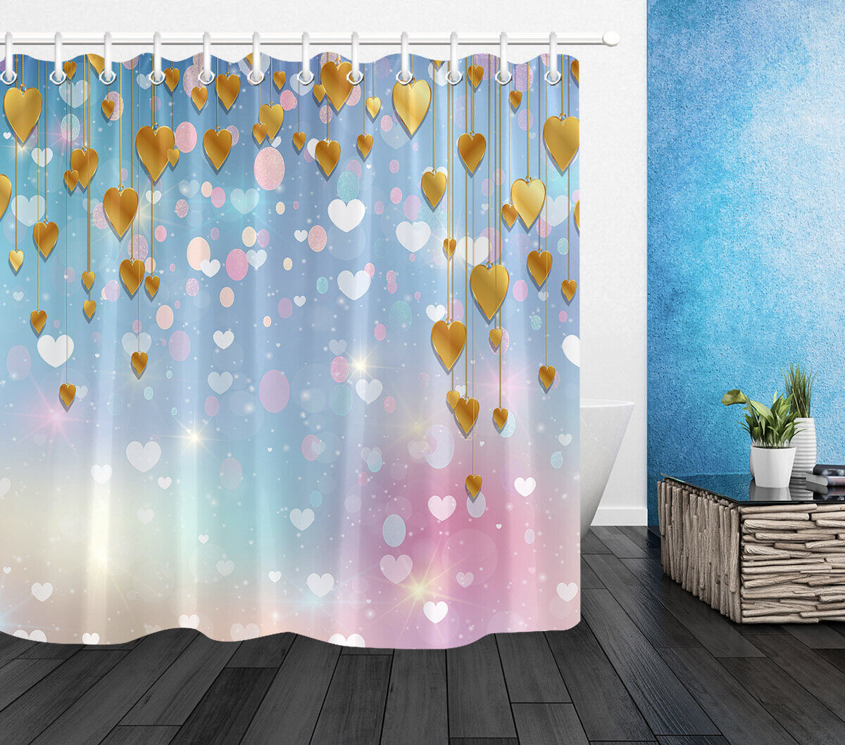 Gold Hearts with Light Spots Shower Curtain for Bathroom Decor