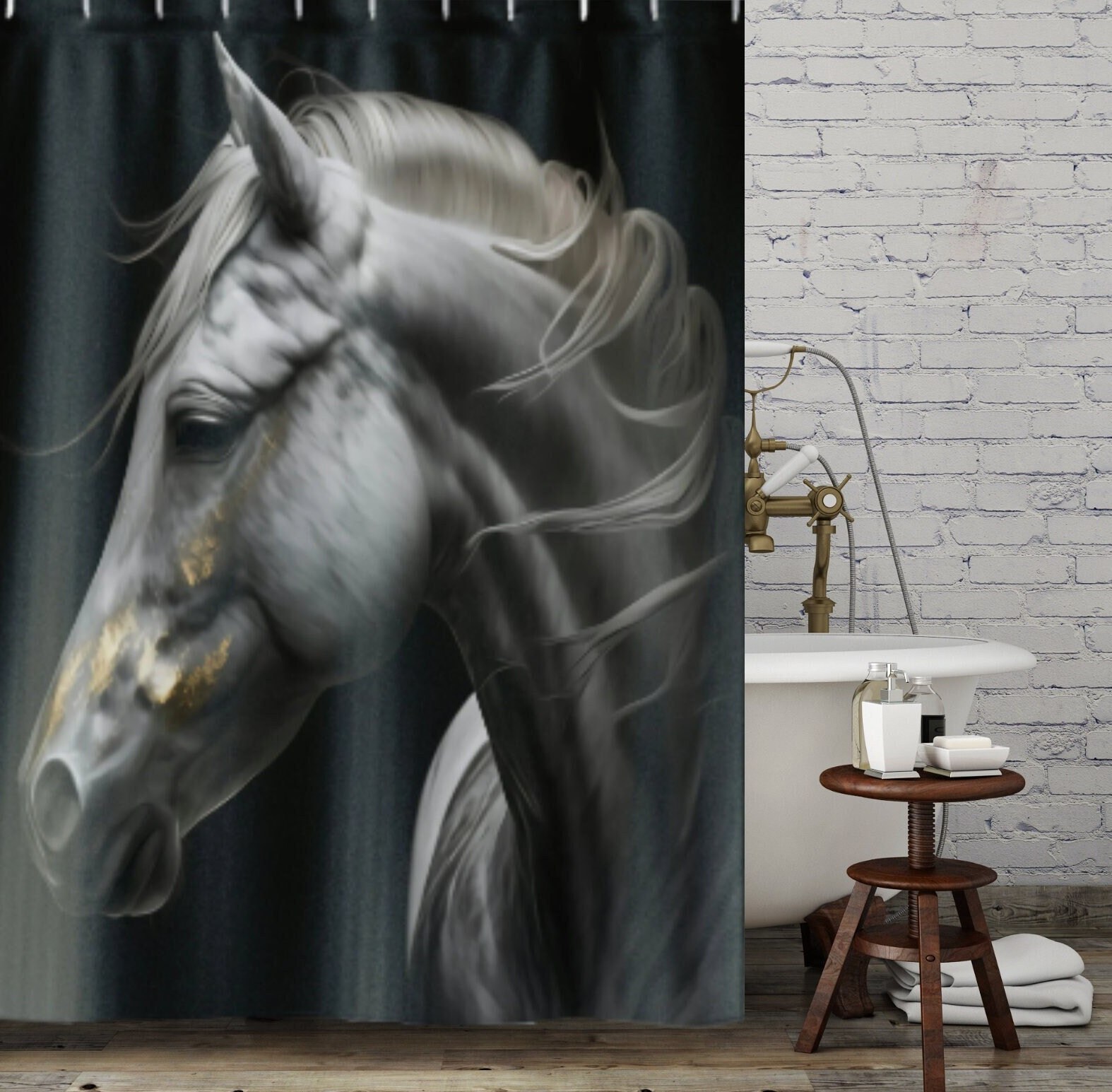 Gold Horse Face Shower Curtain - Elegant and Unique Bathroom Decor with Animal Print