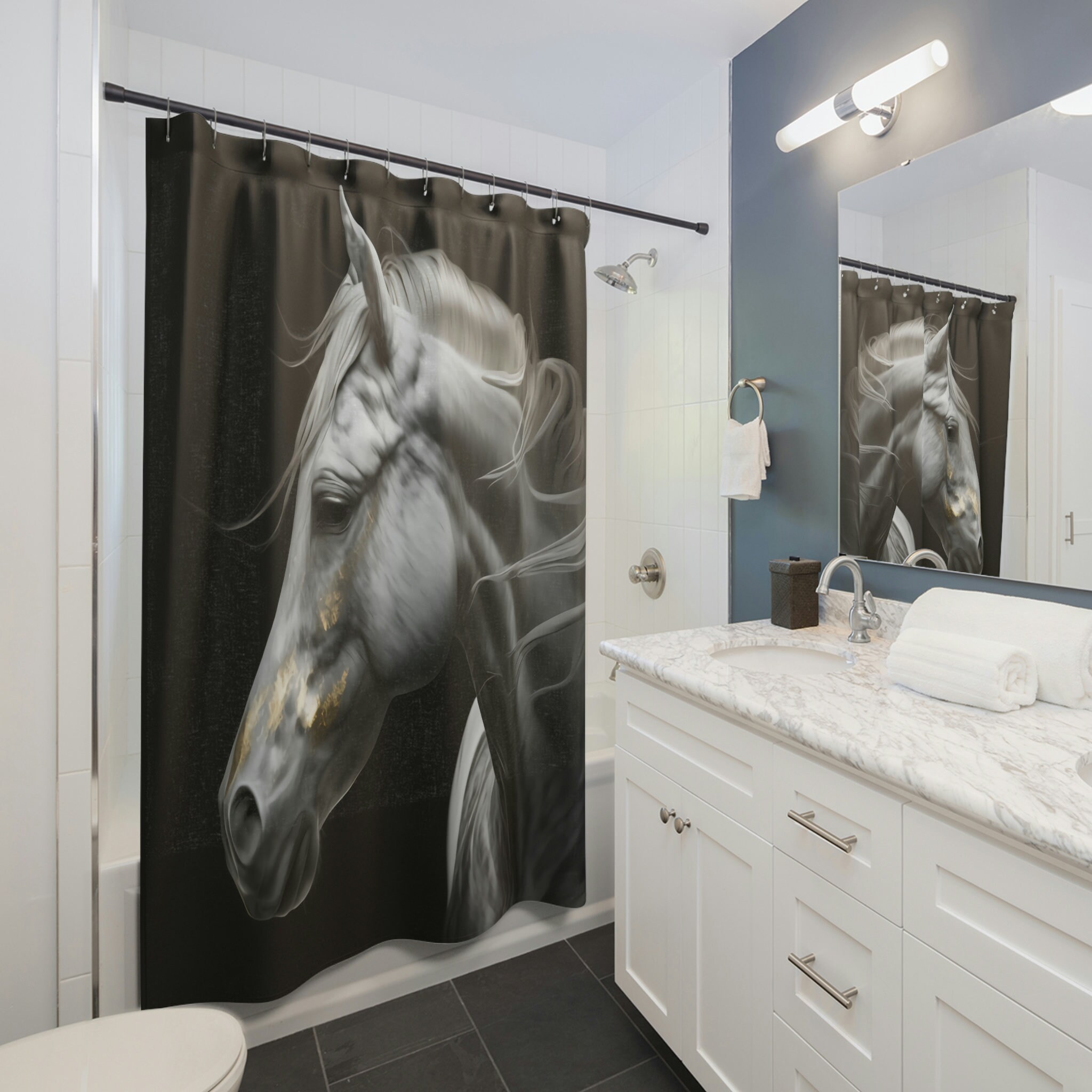 Gold Horse Face Shower Curtain - Elegant and Unique Bathroom Decor with Animal Print