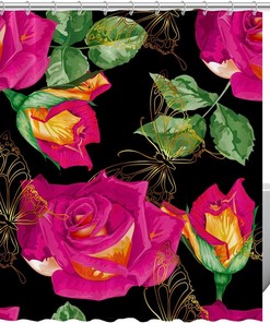 Gold Lines with Butterfly and Rose Print Shower Curtain for Elegant Bathroom Decor