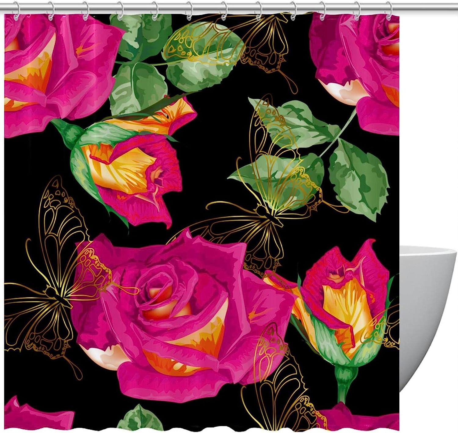 Gold Lines with Butterfly and Rose Print Shower Curtain for Elegant Bathroom Decor