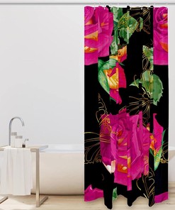 Gold Lines with Butterfly and Rose Print Shower Curtain for Elegant Bathroom Decor