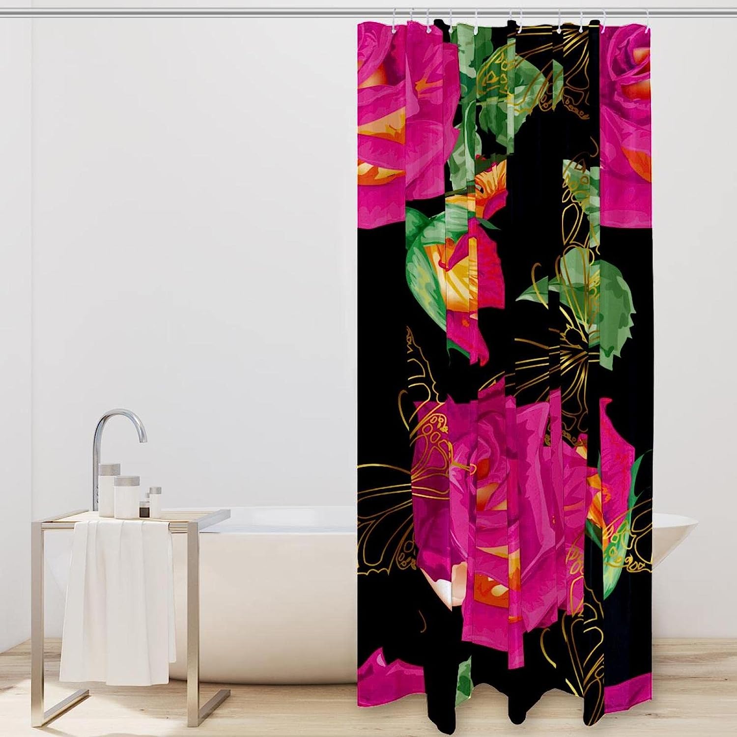 Gold Lines with Butterfly and Rose Print Shower Curtain for Elegant Bathroom Decor