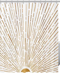 Gold Lines with Sun Print Fabric Shower Curtain for Luxurious Bathroom