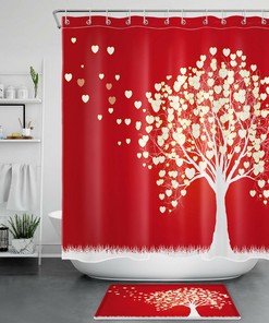 Gold Love Heart Tree Red Shower Curtain for Bathroom Decor on Valentine's Day