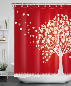 Gold Love Heart Tree Red Shower Curtain for Bathroom Decor on Valentine's Day