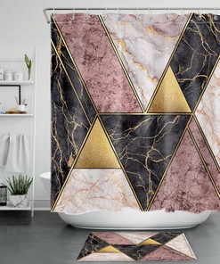Gold Marble Geometric Shower Curtain - Black And Pink Bathroom Curtains With Modern Style