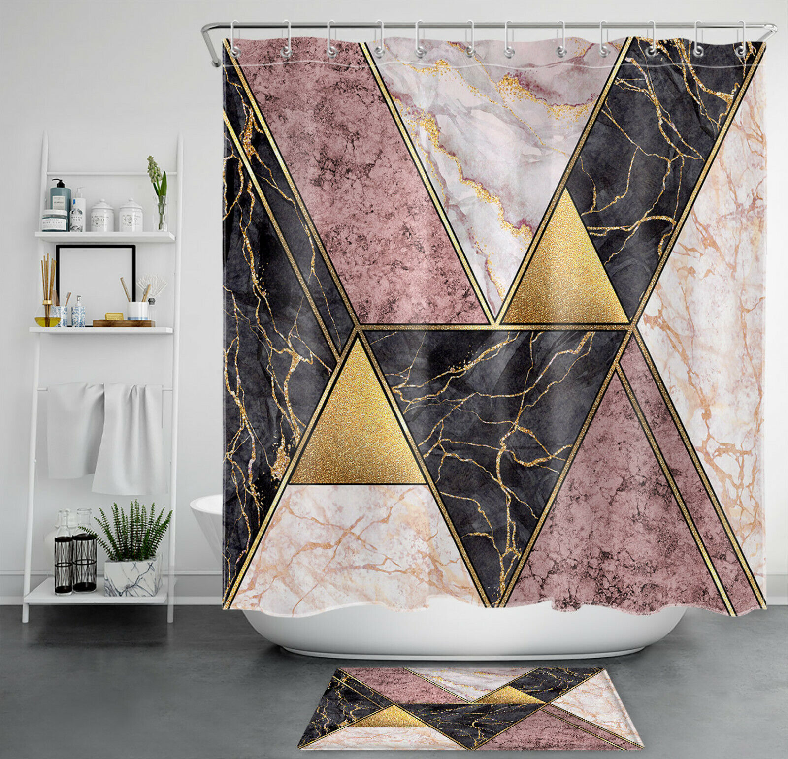 Gold Marble Geometric Shower Curtain - Black And Pink Bathroom Curtains With Modern Style