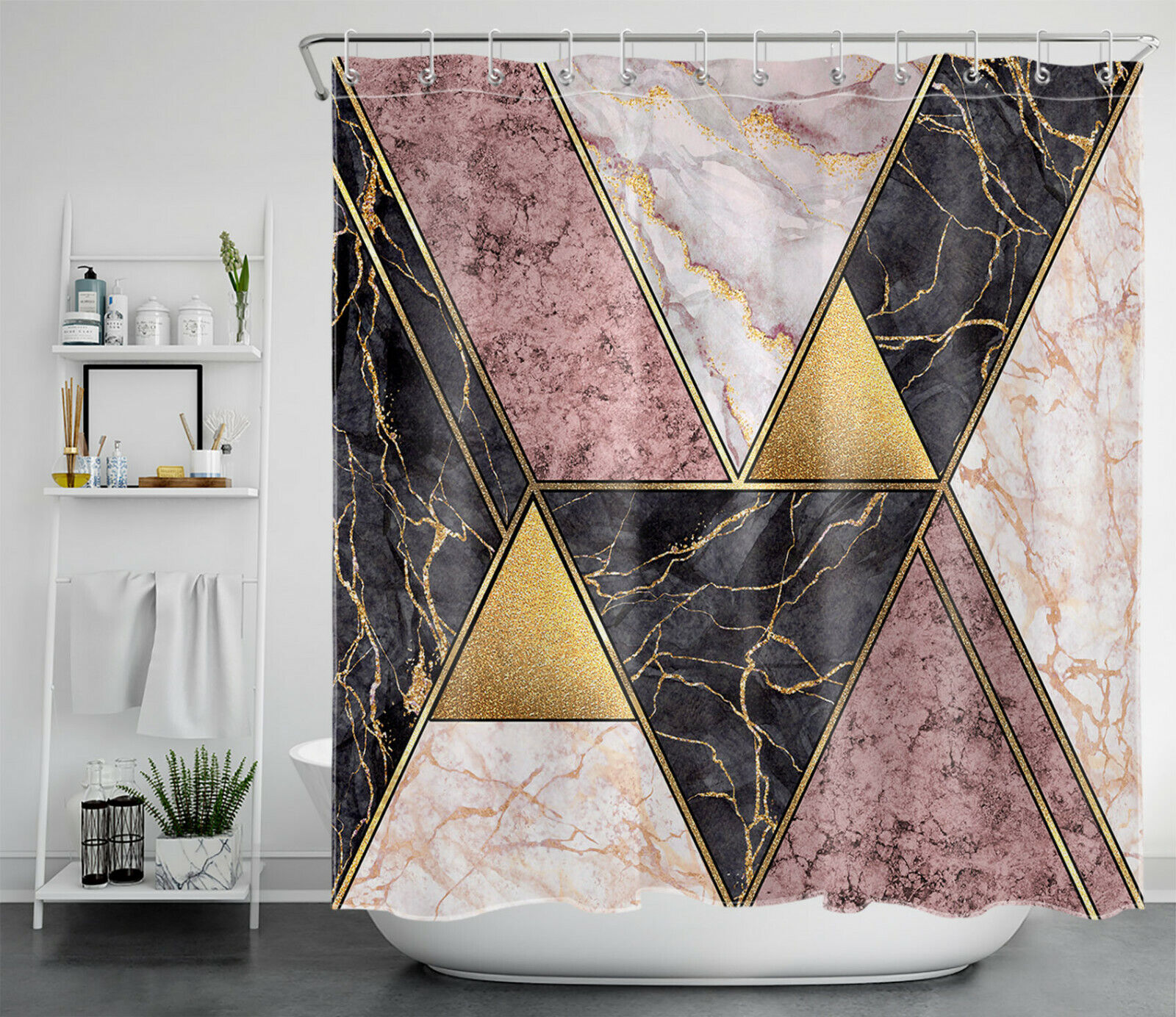 Gold Marble Geometric Shower Curtain - Black And Pink Bathroom Curtains With Modern Style - Image 2