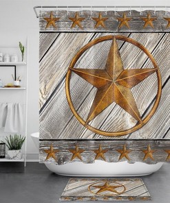 Gold Metal Texas Star Rustic Wood Plank Waterproof Fabric Shower Curtain, Perfect For Western Bathroom Decor