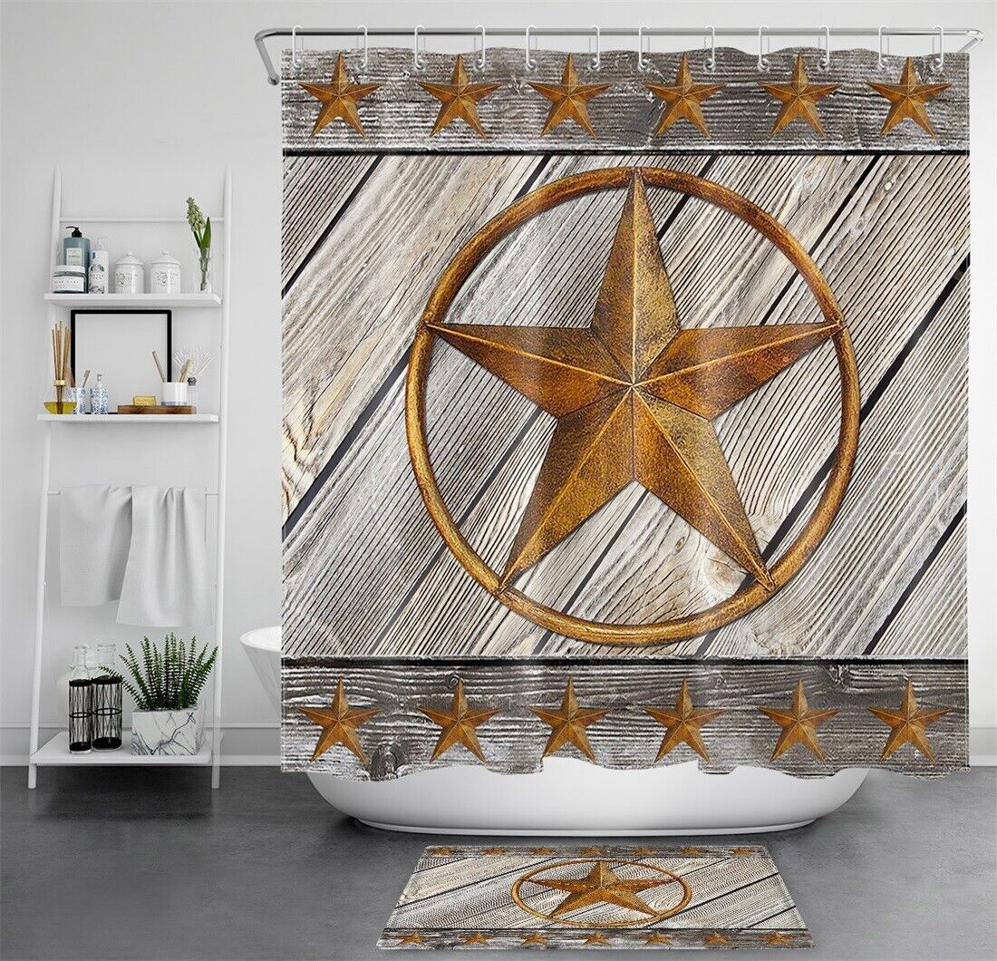 Gold Metal Texas Star Rustic Wood Plank Waterproof Fabric Shower Curtain, Perfect For Western Bathroom Decor