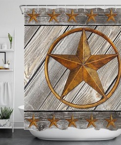 Gold Metal Texas Star Rustic Wood Plank Waterproof Fabric Shower Curtain, Perfect For Western Bathroom Decor