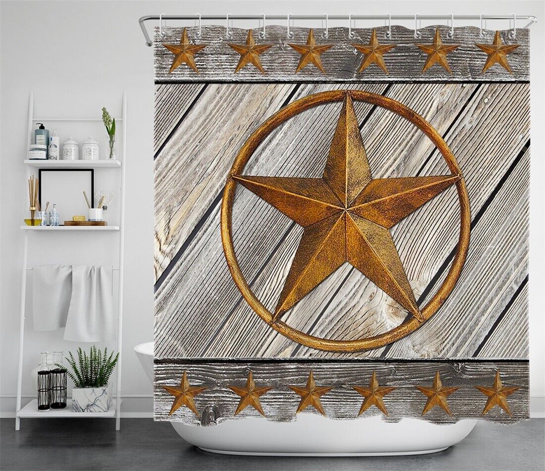 Gold Metal Texas Star Rustic Wood Plank Waterproof Fabric Shower Curtain, Perfect For Western Bathroom Decor