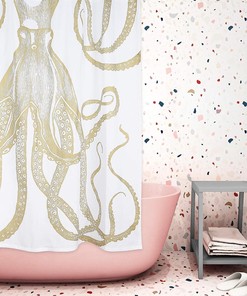 Gold Octopus Fabric Shower Curtain by Thomas Paul